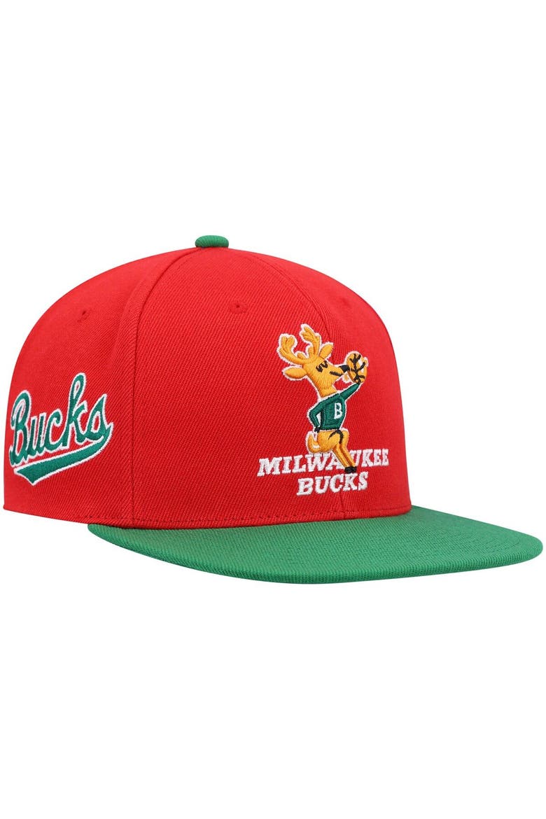 Men's Mitchell & Ness Red/Green Milwaukee Bucks Hardwood Classics Snapback Hat, Main, color, Red