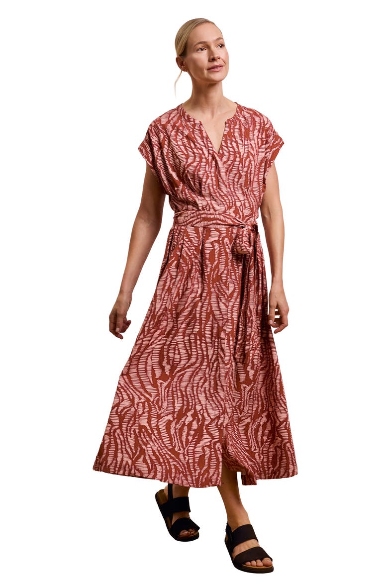 Tie Waist Relaxed V-Neck Midi Dress, Main, color, Pink Wavy Animal