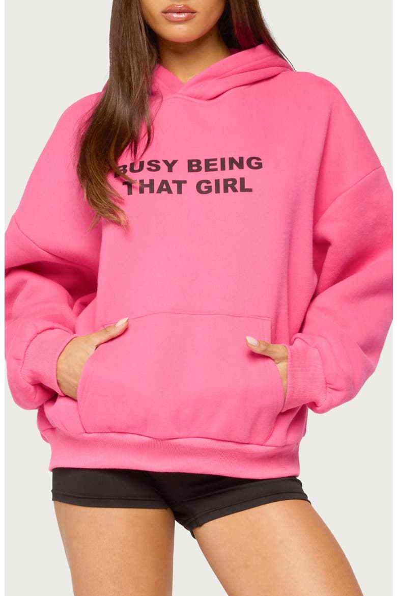 Busy Girl Graphic Oversized Hoodie, Main, color, HOT-PINK