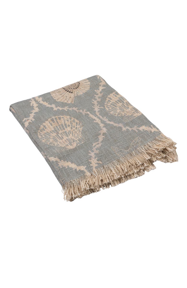 Storied Home Cotton Slub Throw with Coral and Shells Ogee Pattern, Blue and Natural, Main, color, Blue