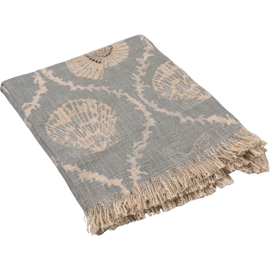 Storied Home Cotton Slub Throw With Coral And Shells Ogee Pattern, Blue And Natural In Gray
