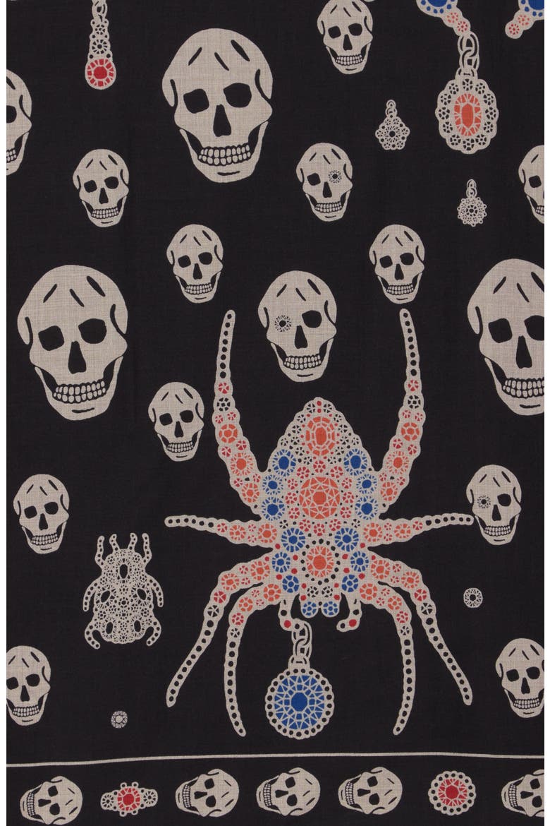 Alexander McQueen Classic Seasonal Jewelled Skull & Spider Print Scarf, Alternate, color, BLACK IVORY