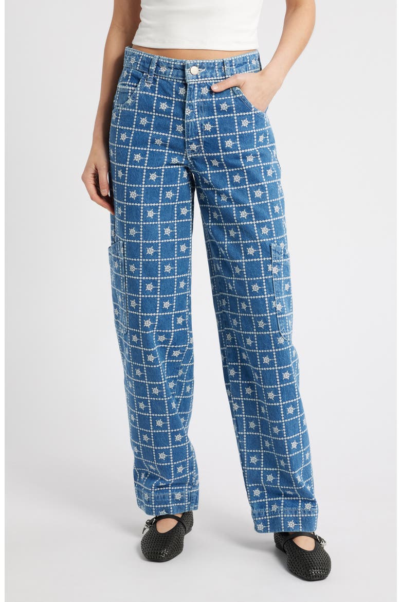 Embroidered Straight Leg Organic Cotton Jeans, Main, color, BLUE