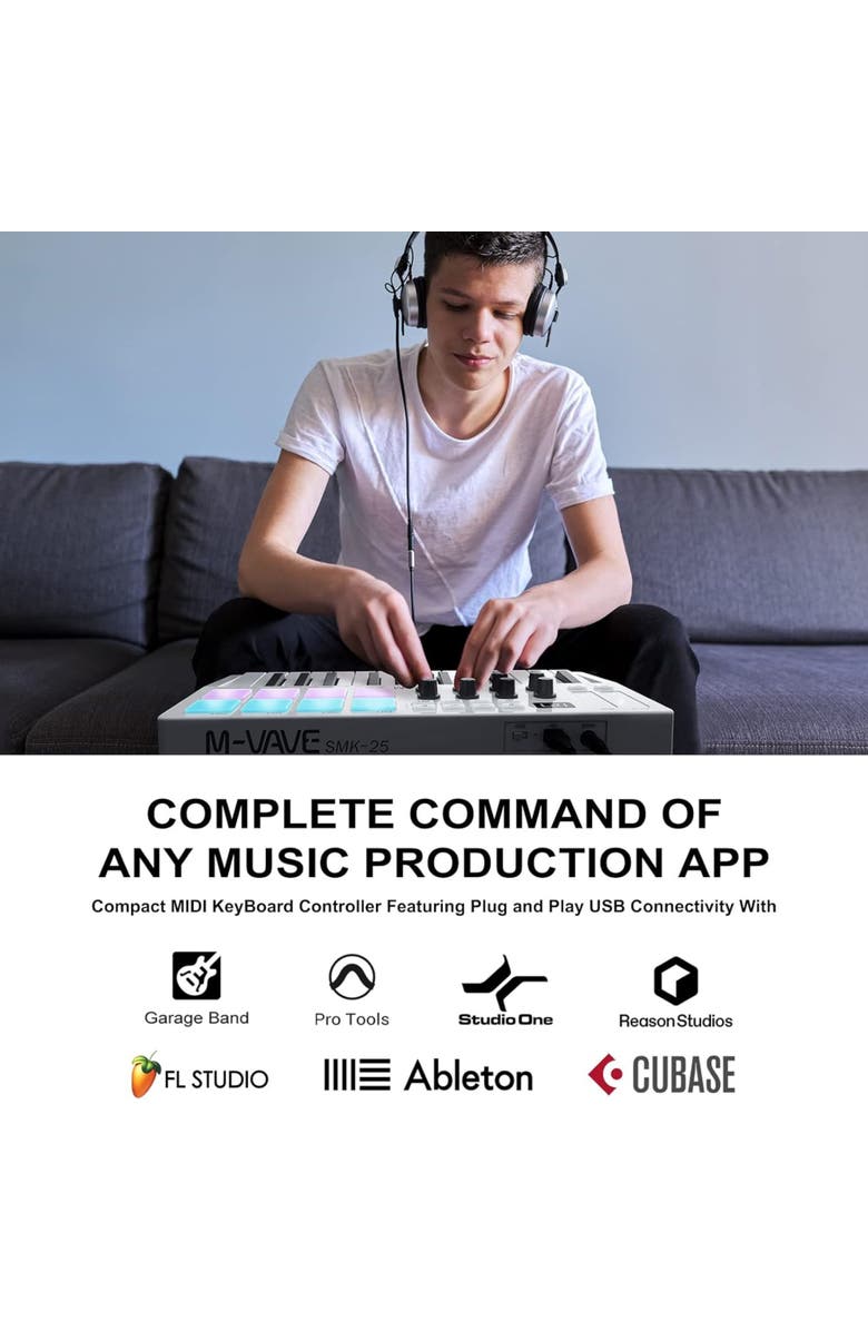 M-Wave 25-Key Bluetooth MIDI Keyboard- Black, Alternate, color, White