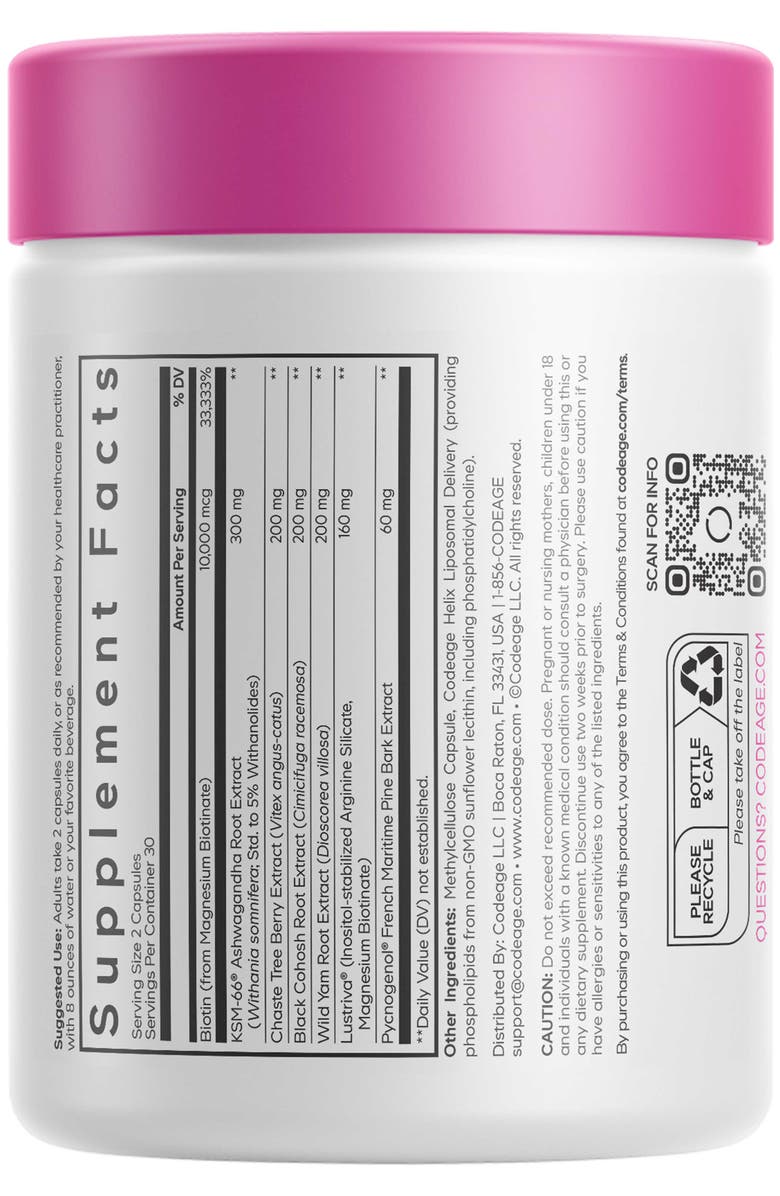 Codeage Menopause Hair & Skin Vitamins+, Biotin, Lustriva, Pycnogenol Supplement, Alternate, color, White