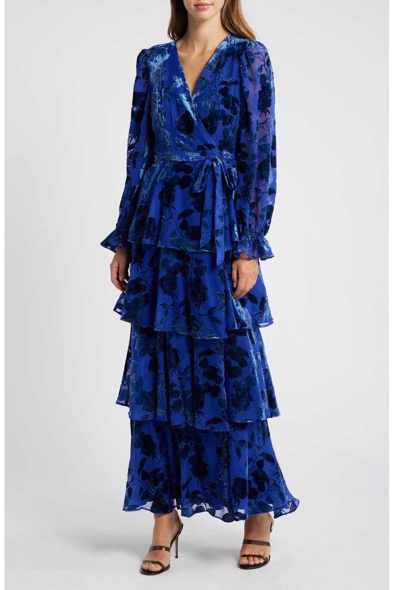 Long Sleeve Velvet Burnout Maxi Wrap Dress, Main, color, SILHOUETTE ROSES