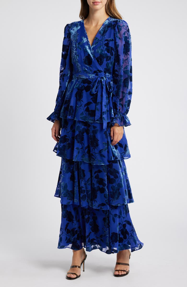 Hutch Long Sleeve Velvet Burnout Maxi Wrap Dress, Main, color, 