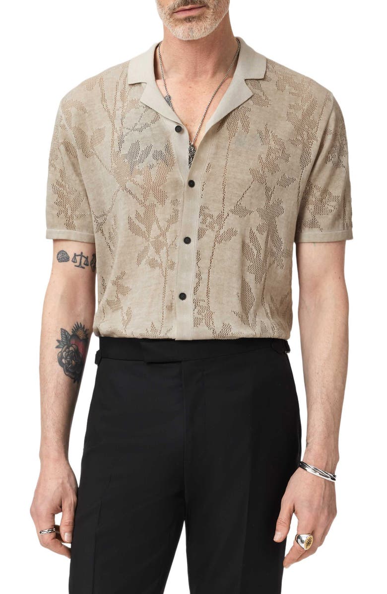 John Varvatos Miguel Pointelle Knit Camp Shirt, Main, color, Almond