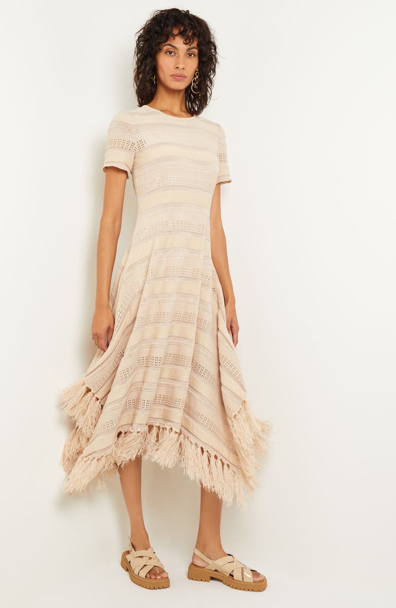 Misook Pointelle Stripe Tassel Detail Midi Dress, Alternate, color, 