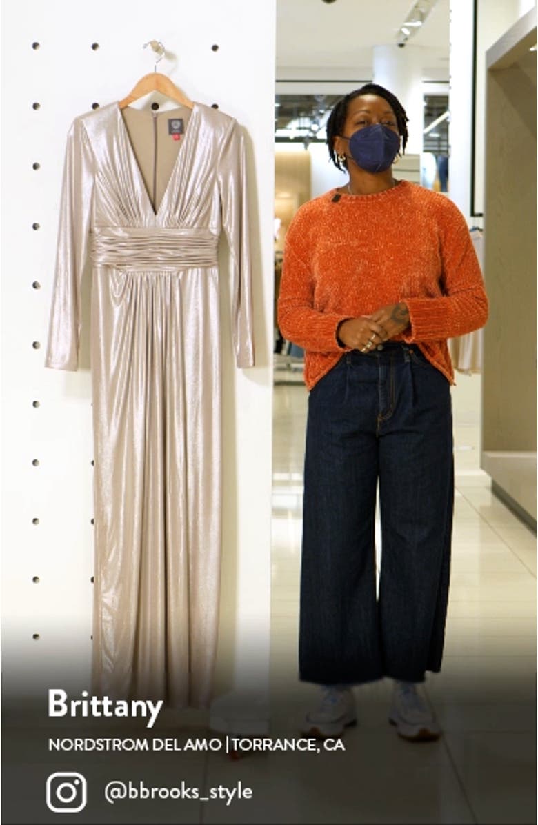 Long Sleeve Metallic Wrap Gown, sales video thumbnail