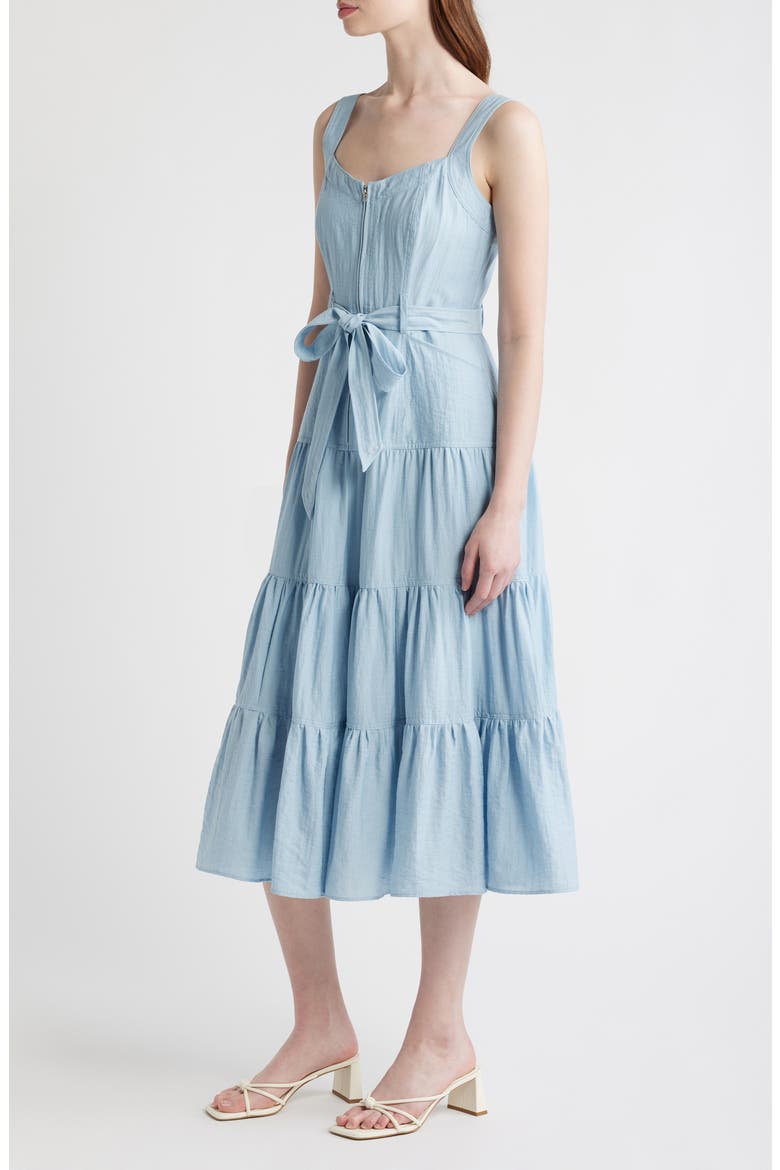 Zip Front Tie Belt Tiered Sundress, Alternate, color, LIGHT BLUE