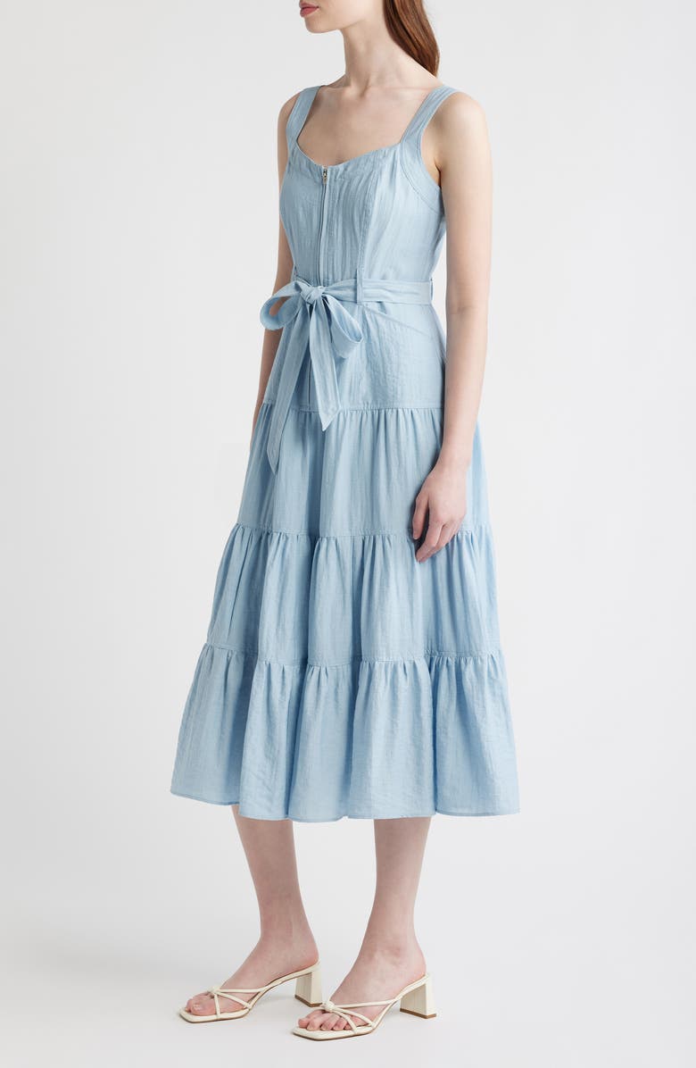 ZOE AND CLAIRE Zip Front Tie Belt Tiered Sundress, Alternate, color, Light Blue