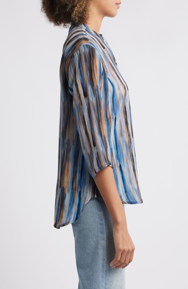 APNY Stripe Three Quarter Sleeve Cupro Blend Button-Up Shirt, Alternate, color, Light Blue Multi