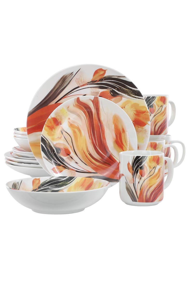 Elama Tulip Fields 16 Piece Round Porcelain Dinnerware Set, Main, color, White