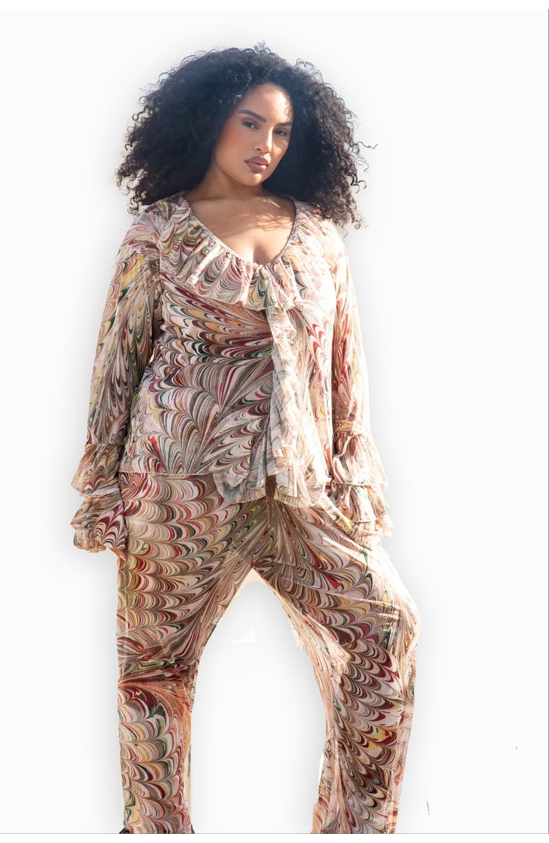 FASHION-SZN CURVE Curve V-Neck Ruffle Printed Resort Top, Main, color, Beige