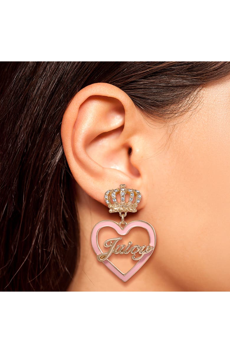 Juicy Couture "Juicy" Gold-Tone Crown & Pink Heart Drop Earrings, Alternate, color, 