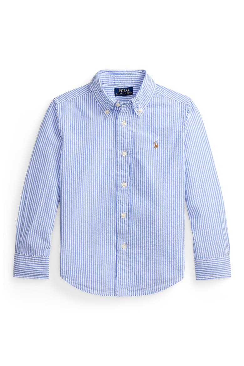 Kids' Stripe Cotton Seersucker Button-Down Shirt, Main, color, BLUE/WHT