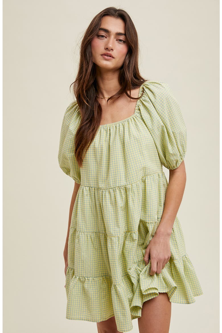 Plaid Puff Sleeve Cotton Blend Tiered Minidress, Alternate, color, DAISY/ BLUE