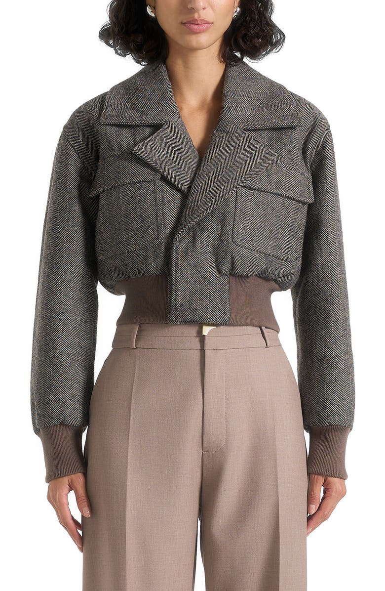 Manière De Voir Cosette Herringbone Wool Lapel Bomber Jacket, Alternate, color, Grey