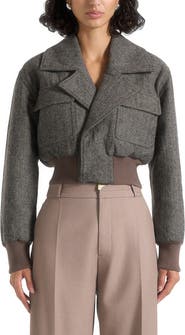 Manière De Voir Cosette Herringbone Wool Lapel Bomber Jacket