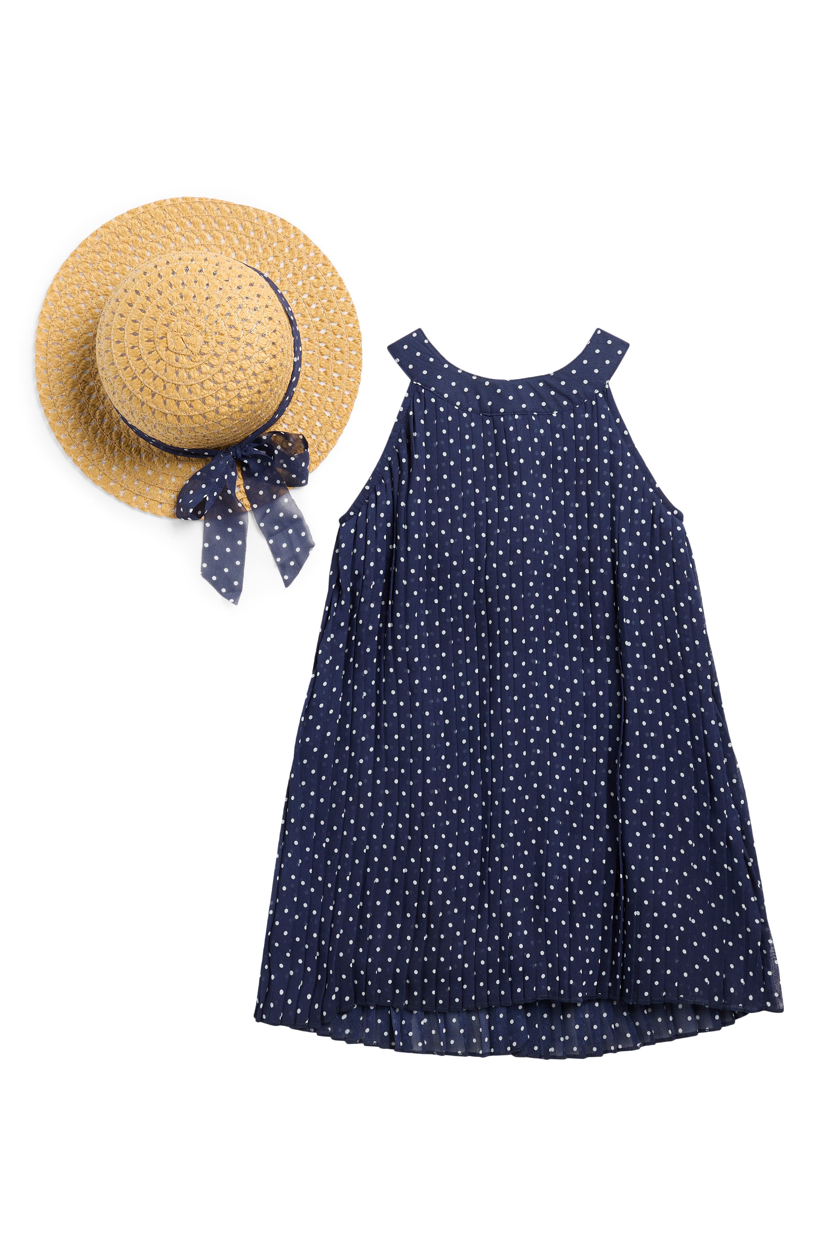 BLUEBERRY Kids' Polka Dot Chiffon Dress & Hat Set