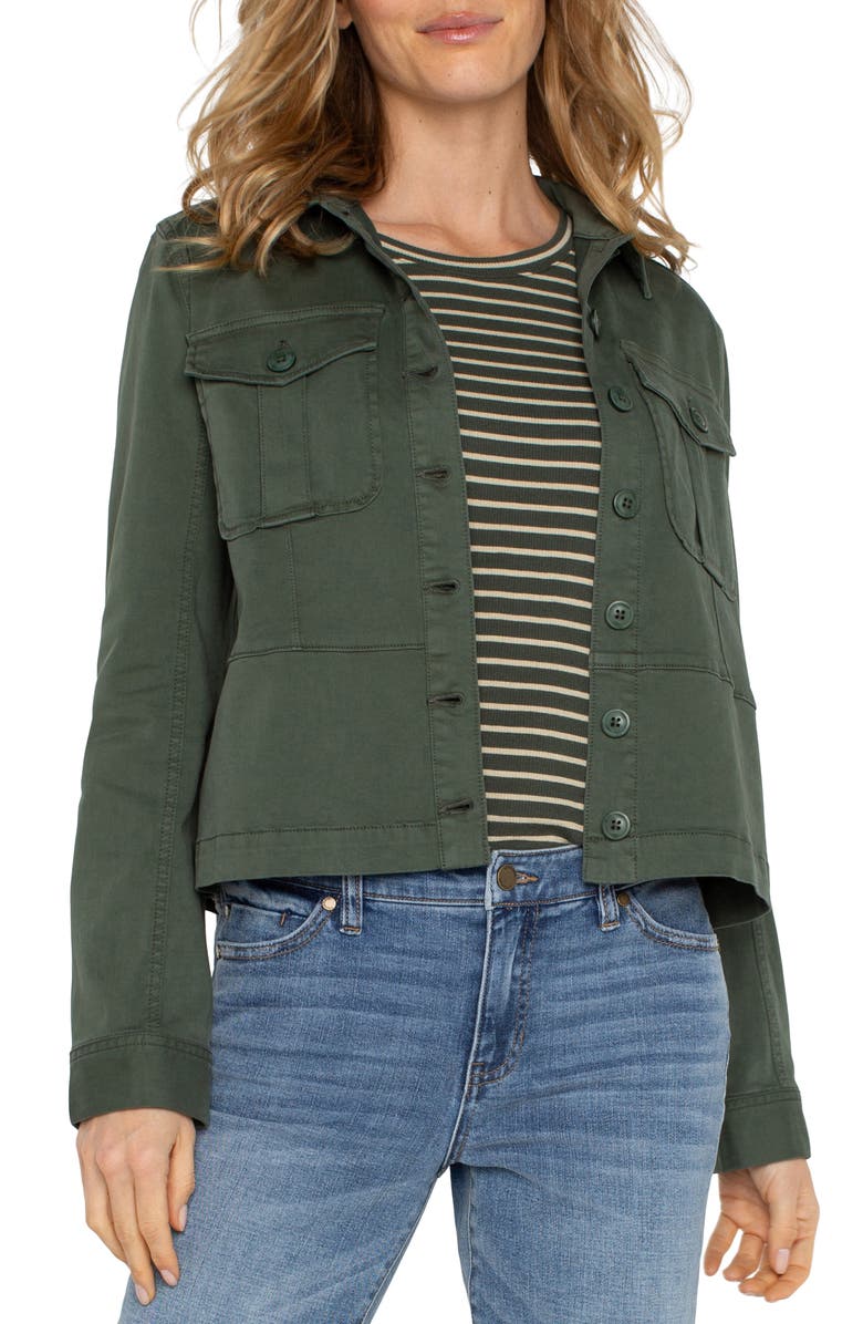 Liverpool Los Angeles Peplum Twill Trucker Jacket, Main, color, Moss Green