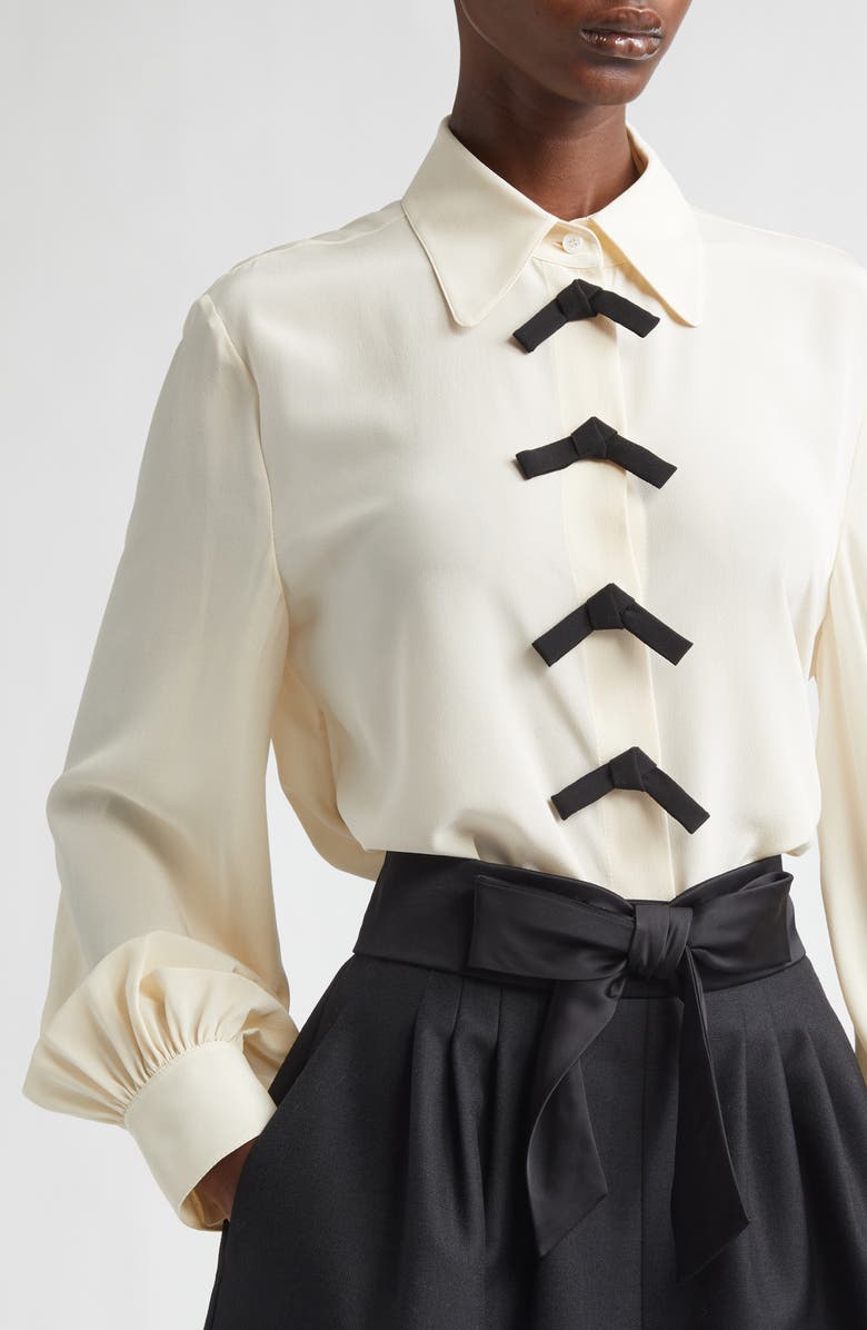 Valentino Bow Detail Silk Crêpe de Chine Button-Up Shirt, Alternate, color, Vanilla