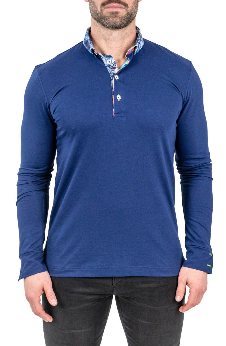 Maceoo Newton Solid Crypt Print Accent Long Sleeve Cotton Polo, Main, color,