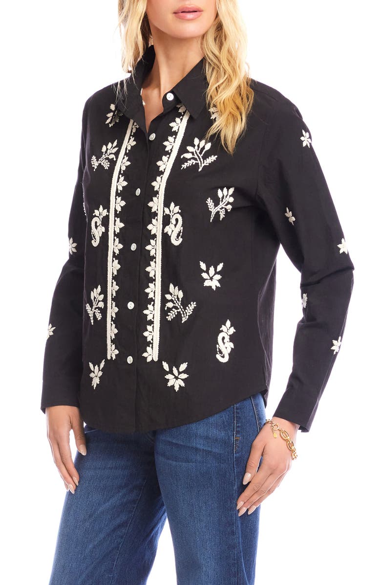 Karen Kane Embroidered Cotton Button-Up Shirt, Alternate, color, Black/ Tan