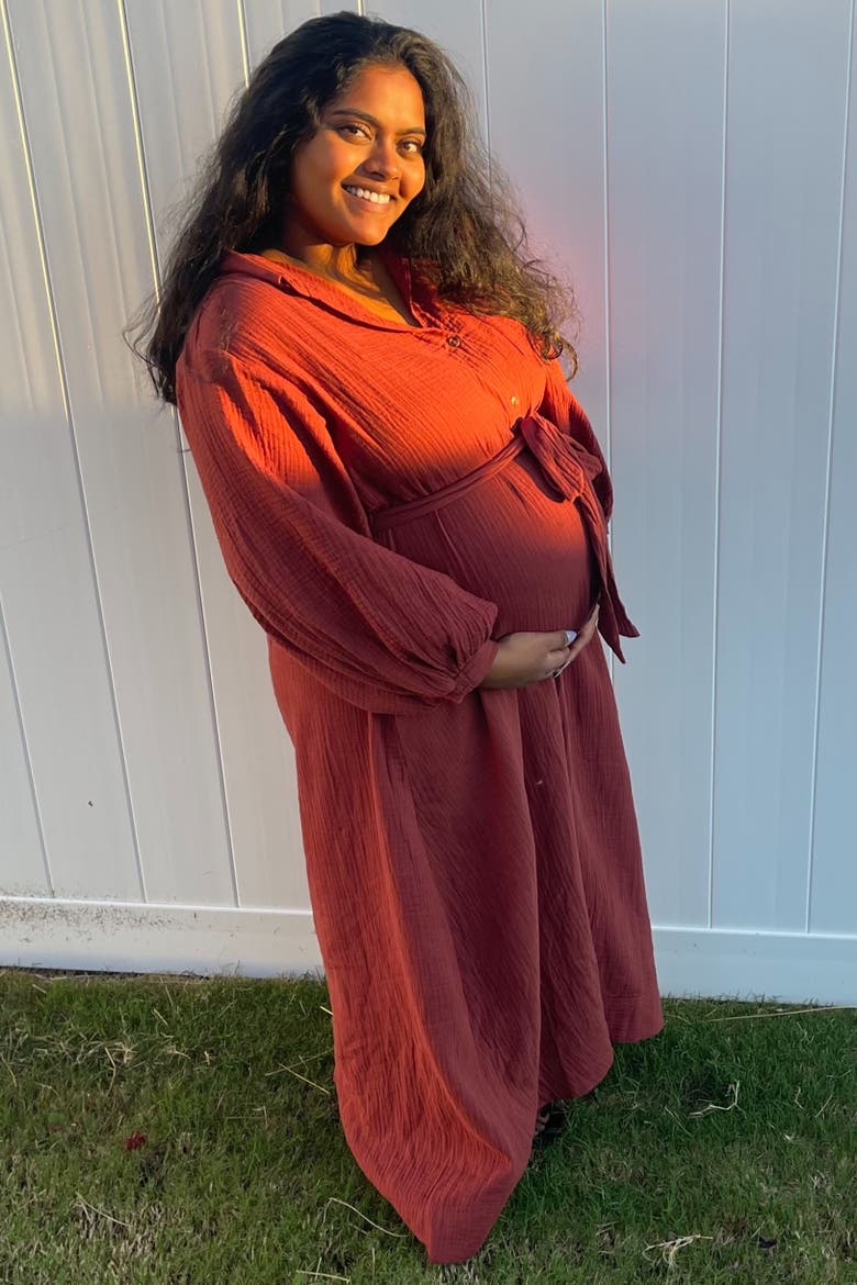 Gauze Belted Shirt Midi Dress, Alternate, color, Rust