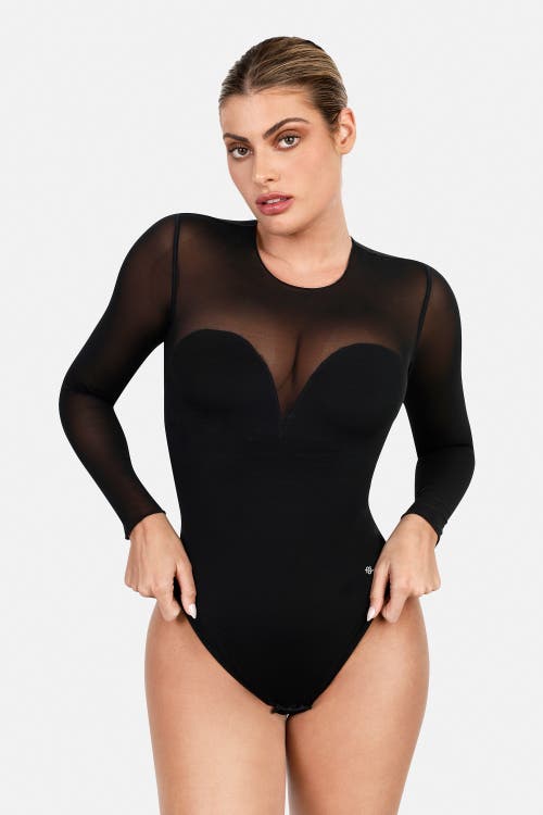 Popilush Shapewear Illusion Mesh Long Sleeve Tummy Control Bodysuit In Jet Black