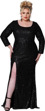 Sydney's Closet Long Sleeve Fitted Scoop Neck Sequin Plus Size Gown