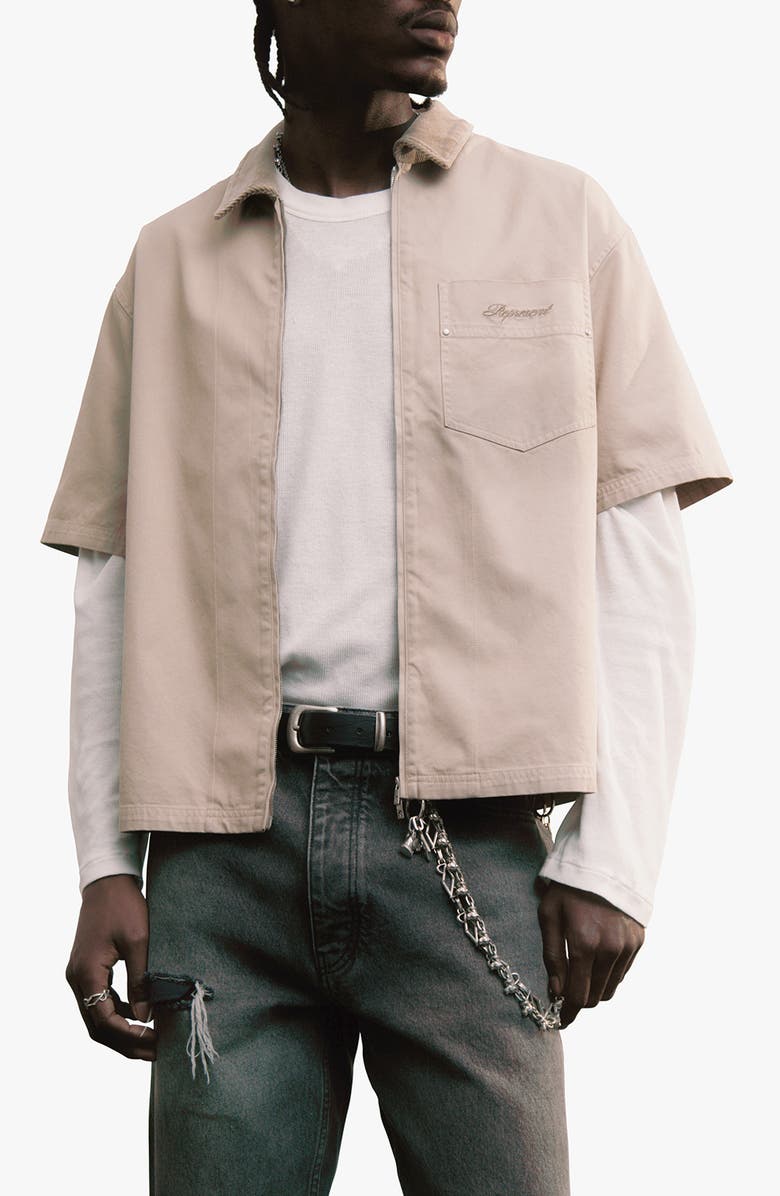 Represent Ramona Short Sleeve Zip-Up Shirt, Main, color, Vintage Khaki