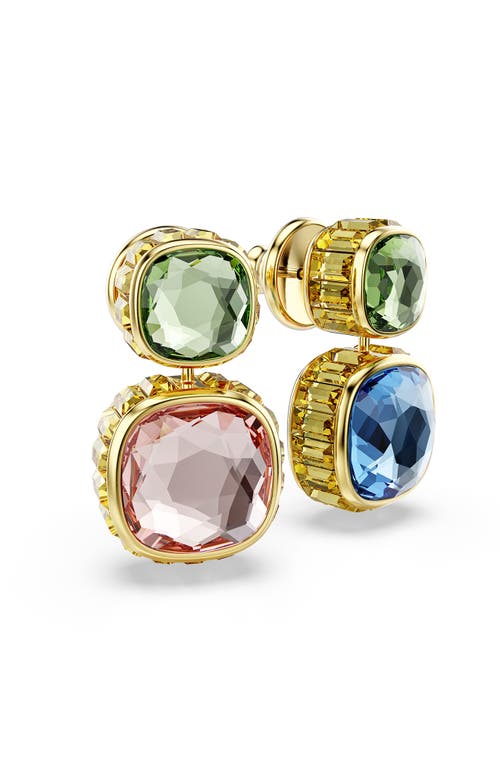 Swarovski Chroma Gold-tone Plated Cushion Cut Drop Earrings In Blue Multi