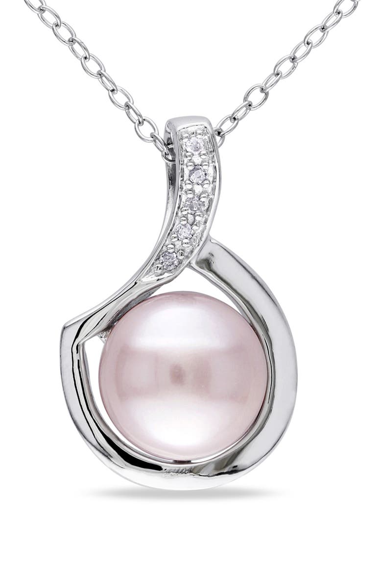Diamond & 9-9.5mm Pink Freshwater Pearl Pendant Necklace, Main, color, PINK