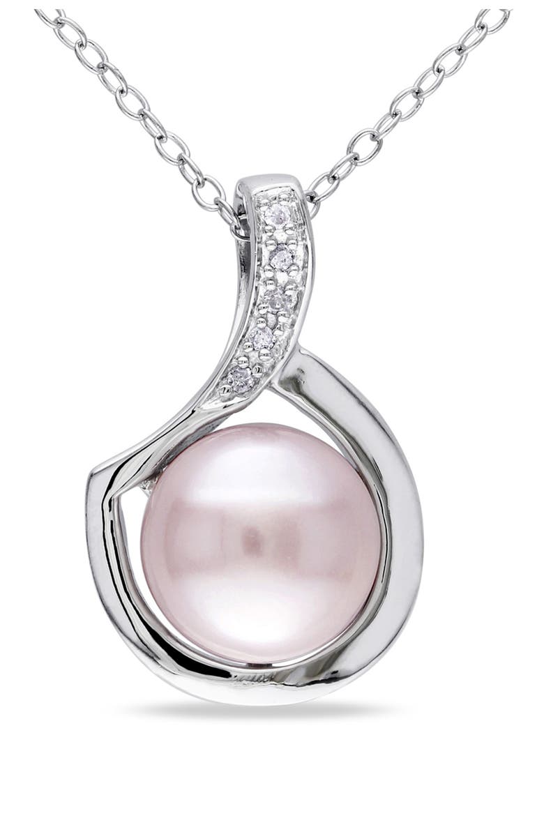 DELMAR Diamond & 9-9.5mm Pink Freshwater Pearl Pendant Necklace, Main, color, Pink