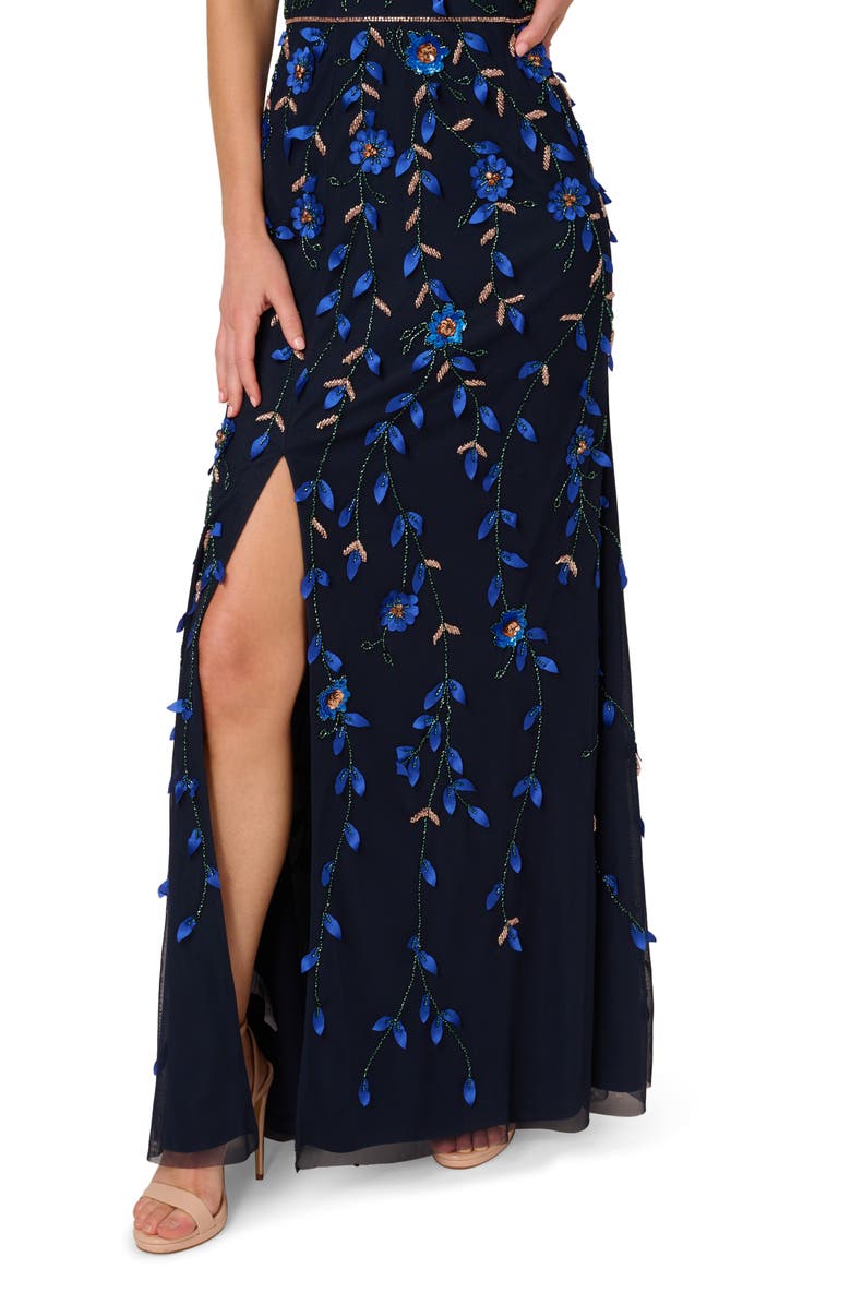 Adrianna Papell 3D Floral Beaded One-Shoulder A-Line Gown, Alternate, color, Navy/ Rose Gold