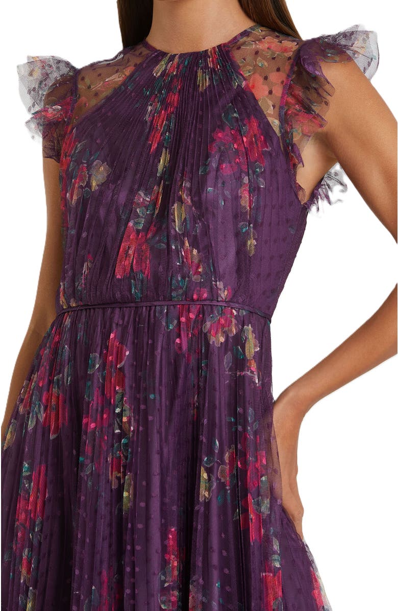 Mac Duggal Floral Flutter Sleeve Midi Dress, Alternate, color, Plum Multi