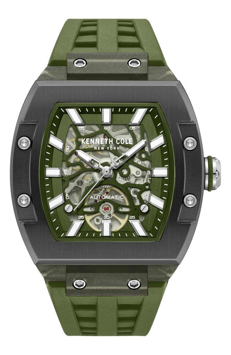 Kenneth Cole New York Skeleton Tonneau Automatic Silicone Strap Watch, 44mm x 56.2mm, Main, color, Green