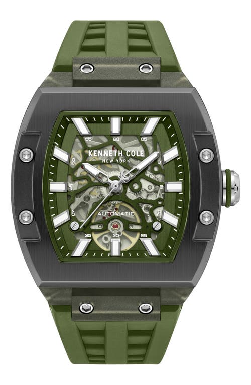 Kenneth Cole New York Skeleton Tonneau Automatic Silicone Strap Watch, 44mm X 56.2mm In Green