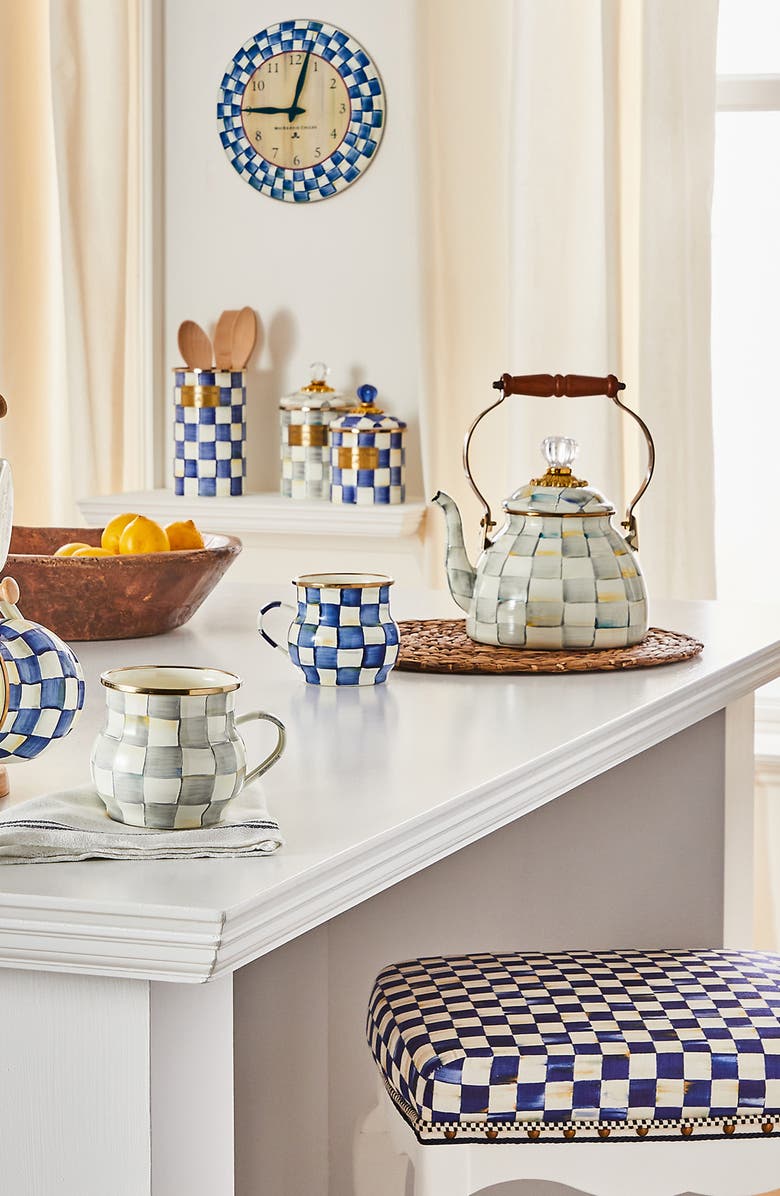 MACKENZIE CHILDS Sterling Check Enameled Steel 2-Quart Tea Kettle, Alternate, color, Grey/ White