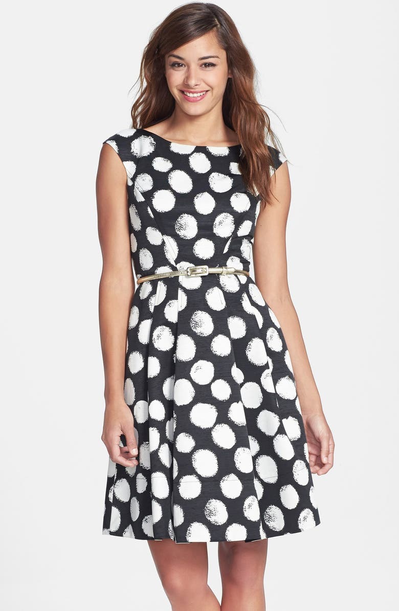 Eliza J Polka Dot Faille Fit & Flare Dress, Main, color, 