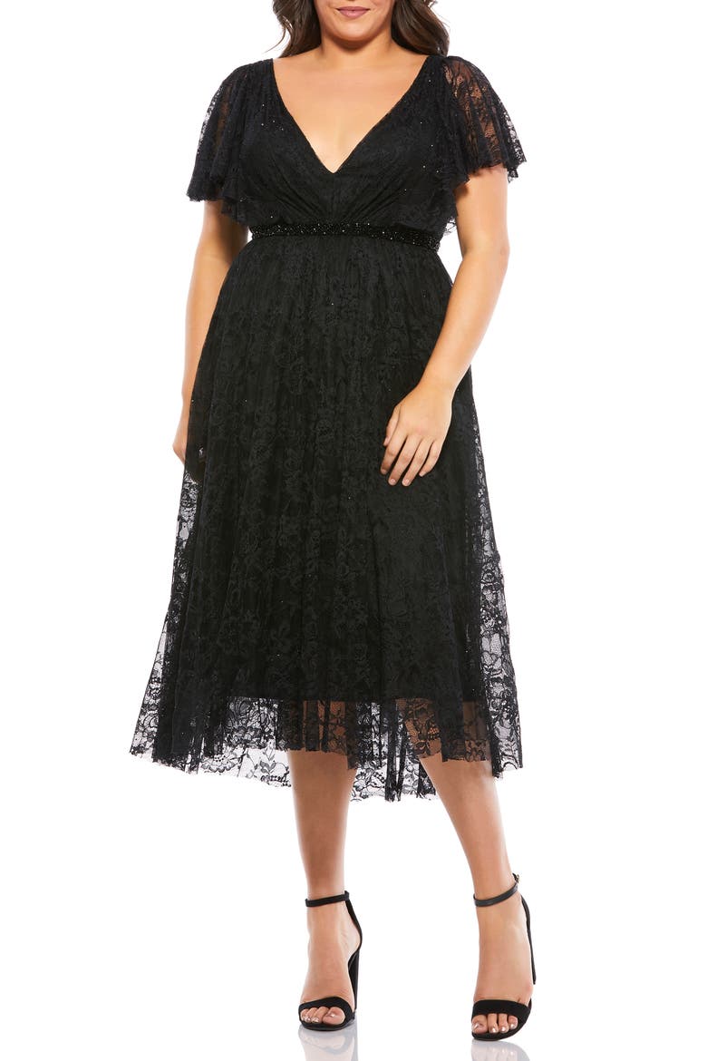 Flutter Sleeve Lace Midi Cocktail Dress, Main, color, BLACK