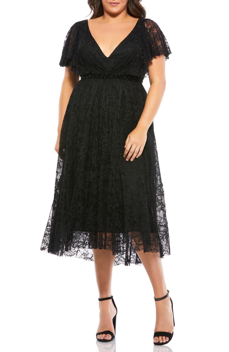Mac Duggal Flutter Sleeve Lace Midi Cocktail Dress, Main, color, 