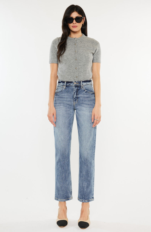 Kancan Finished Hem Straight Leg Jean In Medium Stone Wash In Blue