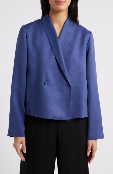 Shawl Collar Textured Silk Weave Double Breasted Jacket