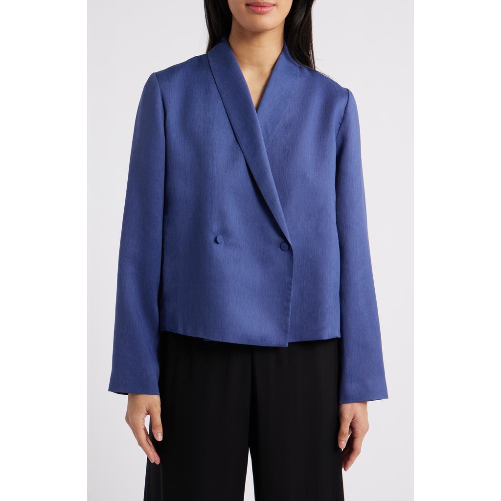 Eileen Fisher Shawl Collar Textured Silk Weave Double Breasted Jacket In Bluette