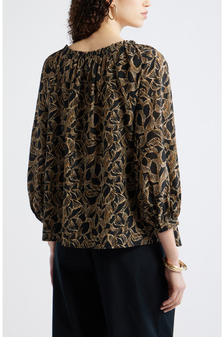Ruffle Neck Tie Front Top, Alternate, color, BLACK- TAN LEAF GLOBAL