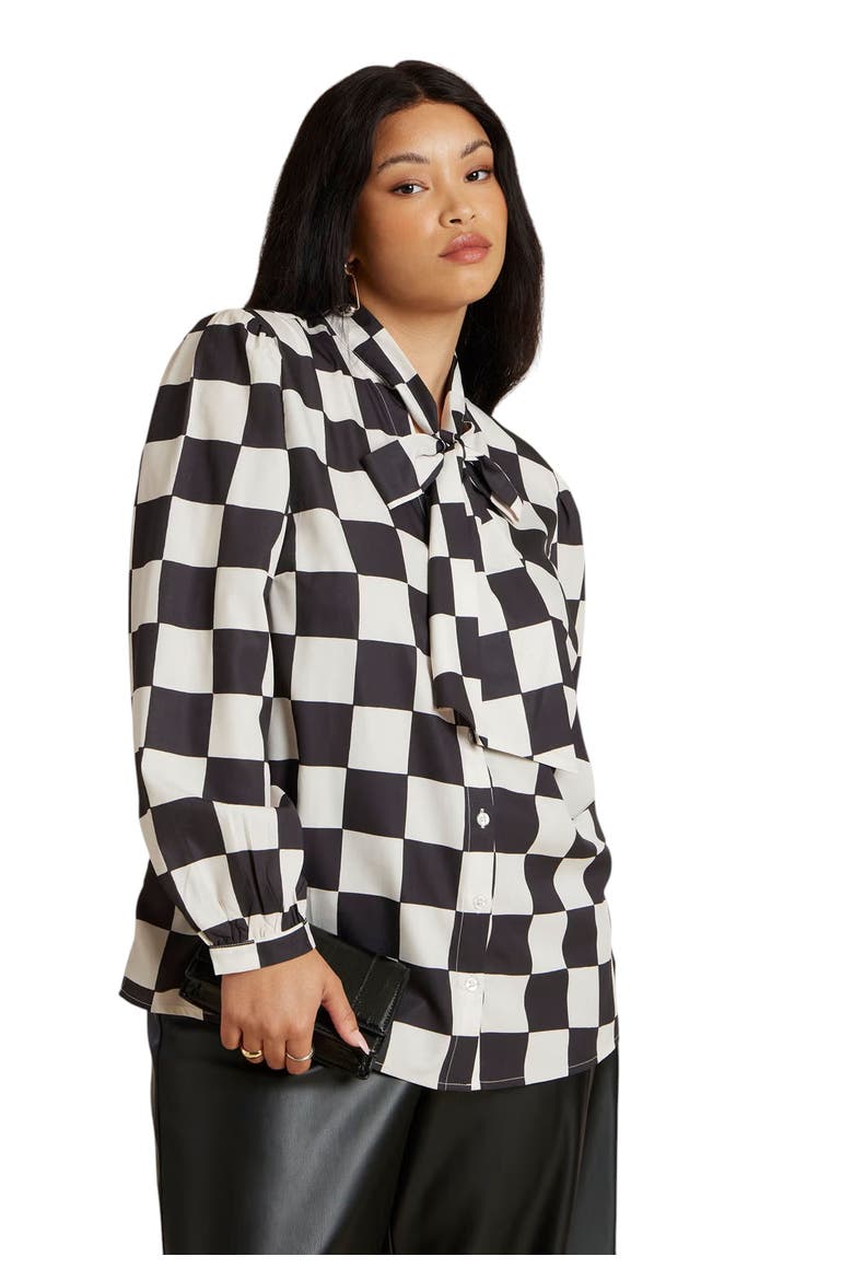 Printed Crepe Tie Neck Blouse (Plus), Main, color, CHECKERED