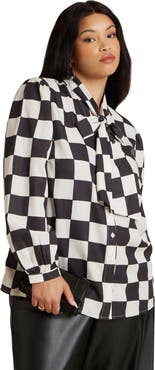 ELOQUII Printed Crepe Tie Neck Blouse (Plus)